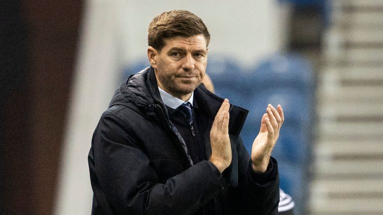 Rangers manager Steven Gerrard  applauds during the Scottish Premiership match against Hamilton at Ibrox