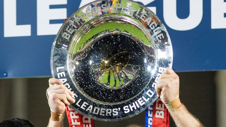 Picture by Isabel Pearce/SWpix.com - 30/08/2019 - Rugby League - Betfred Super League - St Helens v Castleford Tigers - The Totally Wicked Stadium, Langtree Park, St Helens, England - James Roby of St Helens with the League Leaders Shield.