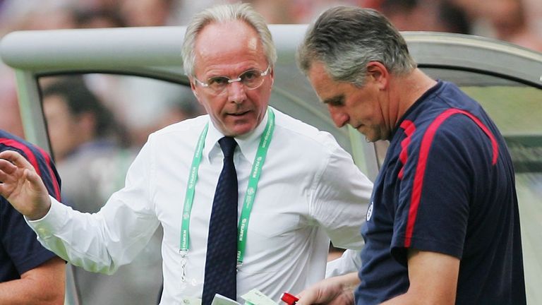 Manager of England Sven Goran Eriksson discusses tactics with goalkeeping coach Ray Clemence (R) as assistant Steve McClaren takes notes during the FIFA World Cup Germany 2006 Round of 16 match between England and Ecuador played at the Gottlieb-Daimler Stadium on June 25, 2006 in Stuttgart, Germany.