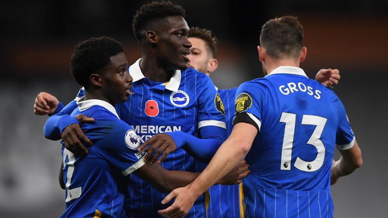 Tariq Lamptey celebrates with Brighton team-mates after scoring vs Tottenham