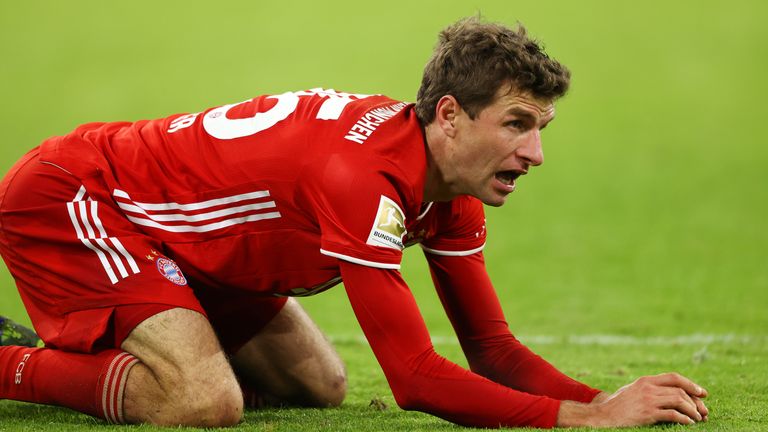 Thomas Muller shows the strain during the 1-1 draw at Werder Bremen
