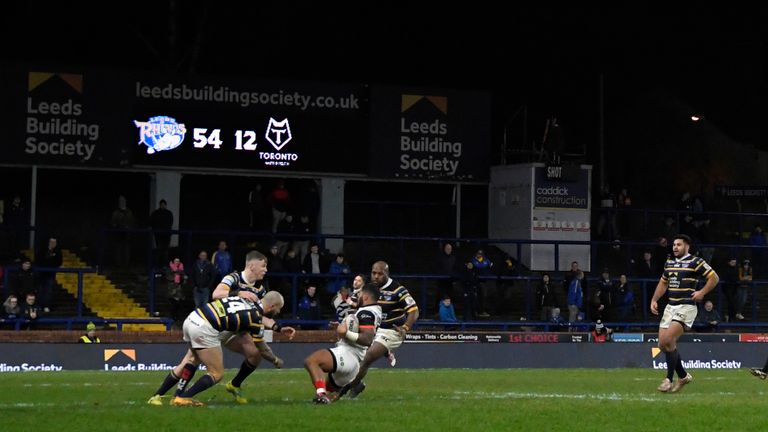 LEEDS, ENGLAND - MARCH 05: A general view of play during the Betfred Super League match between Leeds Rhinos and Toronto Wolfpack at Emerald Headingley Stadium on March 05, 2020 in Leeds, England (Photo by George Wood/Getty Images)