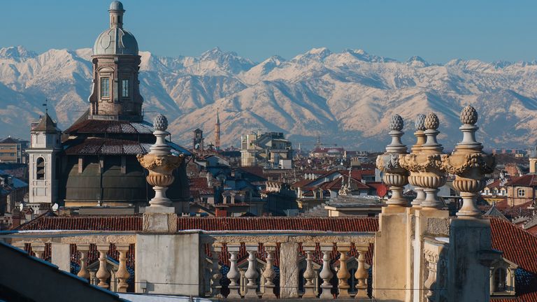 A view towards the mountains with snow in the background during the Christmas period on December 3, 2017 in Turin, Italy.