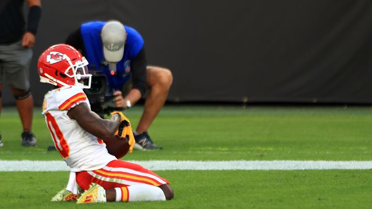 Tyreek Hill of the Kansas City Chiefs celebrates a touchdown following a catch during their game against the Tampa Bay Buccaneers