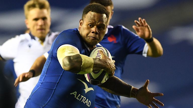 France's Virimi Vakatawa on his way to scoring the opening try  of the Autumn Nations Cup match against Scotland