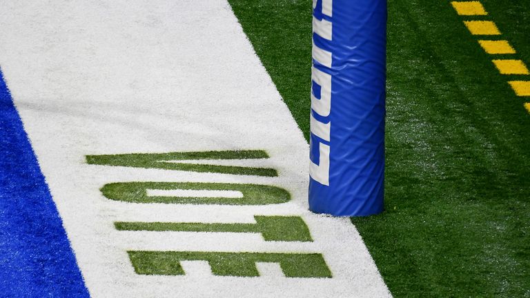 A detail of "Vote" painted in the endzone prior to the game between the Detroit Lions and the Indianapolis.