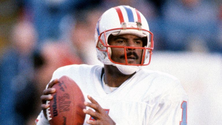 DENVER, CO - JANUARY 10:  Warren Moon #1 of the Houston Oilers drops back to pass against the Denver Broncos during the AFC Divisional Playoff Game January 10, 1988 at Mile High Stadium in Denver, Colorado. Moon played for the Oilers from 1984-93.  (Photo by Focus on Sport/Getty Images) *** Local Caption *** Warren Moon