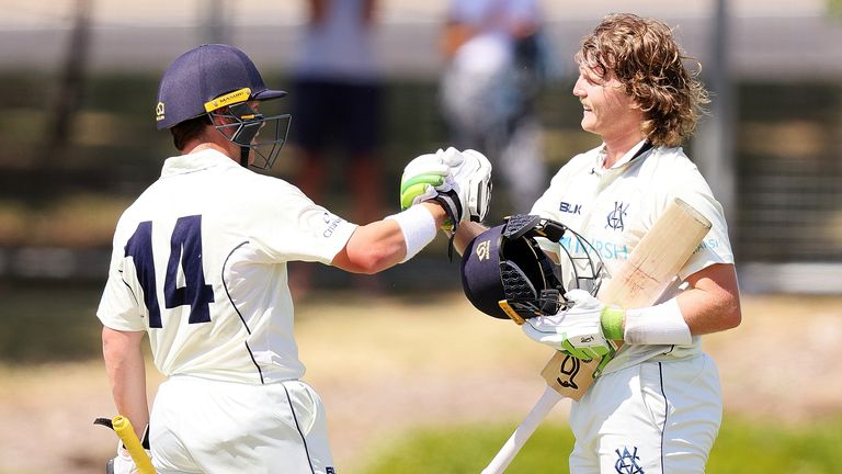 ADELAIDE, AUSTRALIA - NOVEMBER 08: (L-R) Marcus Harris of Victoria congratulates Will Pucovski of Victoria on reaching his century during day one of the Sheffield Shield match between Victoria and Western Australia at Karen Rolton Oval on November 08, 2020 in Adelaide, Australia