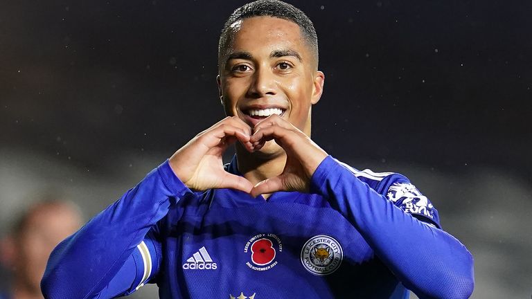 Youri Tielemans celebrates after putting Leicester City 2-0 up at Leeds United