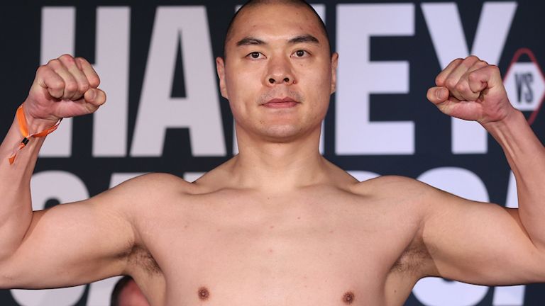 November 6, 2020; Hollywood, FL; Zhilei Zhang steps on the scale to weigh in for the November 7, 2020 Matchroom fight card in Hollywood, FL.  Mandatory Credit: Ed Mulholland/Matchroom.                                