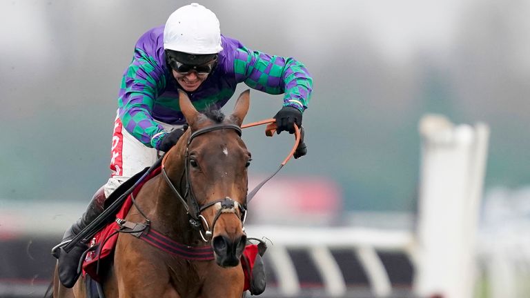 NEWBURY, ENGLAND - NOVEMBER 27: Richard Johnson riding Thyme Hill clear the last to win The Ladbrokes Long Distance Hurdle at Newbury Racecourse on November 27, 2020 in Newbury, England. Owners are allowed to attend if they have a runner at the meeting otherwise racing remains behind closed doors to the public due to the Coronavirus pandemic. (Photo by Alan Crowhurst/Getty Images)