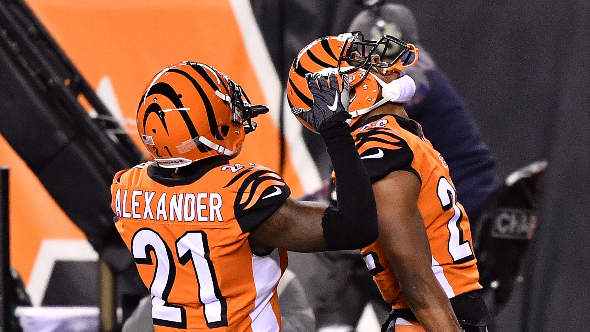 Cincinnati Bengals' Giovani Bernard (25) wears an It Takes All Of Us helmet  decal before an NFL football game against Philadelphia Eagles, Sunday,  Sept. 27, 2020, in Philadelphia. (AP Photo/Rich Schultz Stock