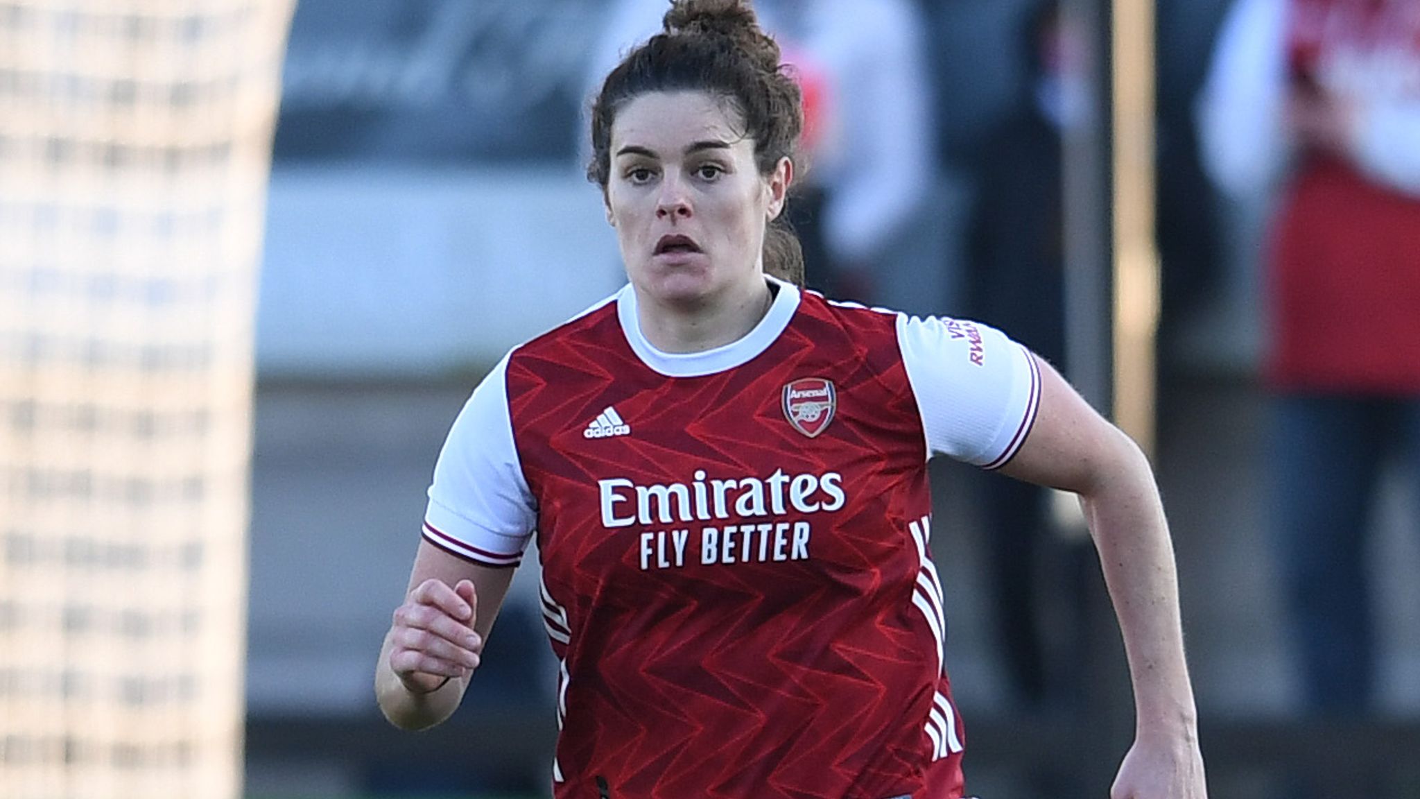 Manchester, UK. 13th Dec, 2020. Jennifer Beattie (#5 Arsenal) wearing a  special warm-up shirt and pink boots for cancer awareness prior to the FA  Women's Super League match between Manchester City and