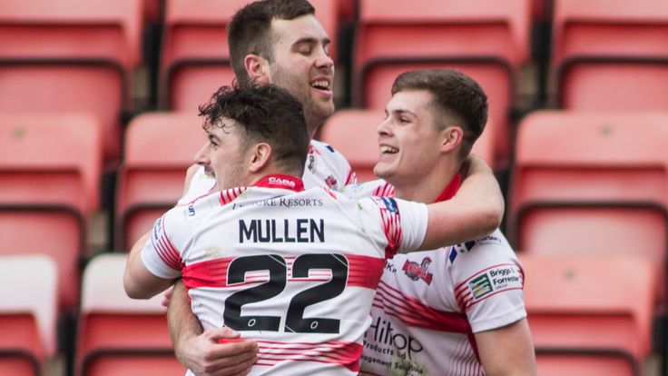 Picture by Isabel Pearce/SWpix.com - 08/03/2020 - Rugby League - Betfred Championship - Leigh Centurions v Halifax RLFC - Leigh Sports Village, Leigh , England - Craig Mullen and Cameron Scott of Leigh celebrate Scott's try.