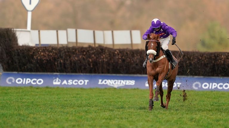 ASCOT, ENGLAND - DECEMBER 19: Harry Cobden riding Mister Malarky bypass the last fence to win The Good Luck Hollie In SPOTY Silver Cup Handicap Chase at Ascot Racecourse on December 19, 2020 in Ascot, England. Owners are allowed to attend if they have a runner at the meeting otherwise racing remains behind closed doors to the public due to the Coronavirus pandemic. (Photo by Alan Crowhurst/Getty Images)