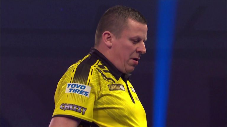 Dave Chisnall hits a 144 checkout to take the first set against Dimitri Van den Bergh in the World Darts Championship.