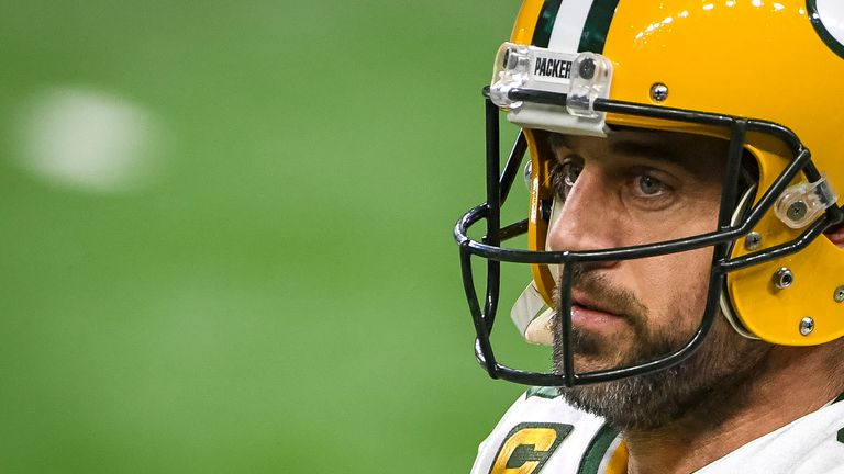 DETROIT, MICHIGAN - DECEMBER 13: Aaron Rodgers #12 of the Green Bay Packers looks on before the first half against the Detroit Lions at Ford Field on December 13, 2020 in Detroit, Michigan. (Photo by Nic Antaya/Getty Images)