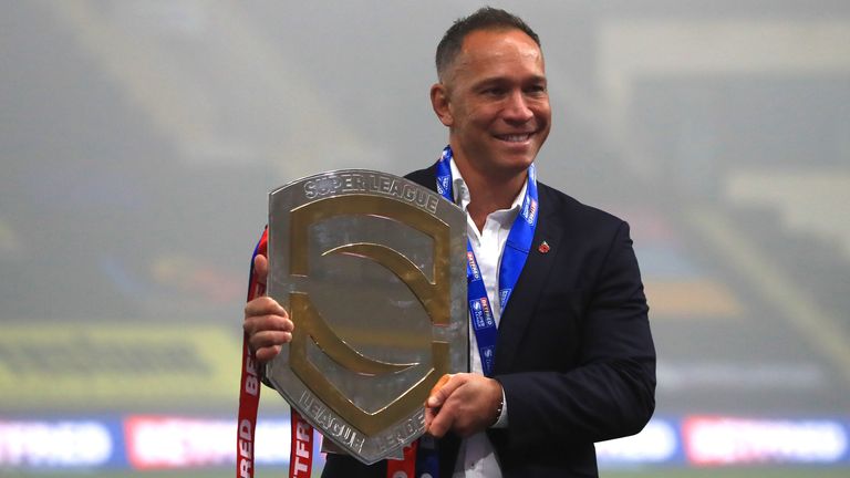 Wigan Warriors head coach Adrian Lam pictured with the League Leaders’ Shield