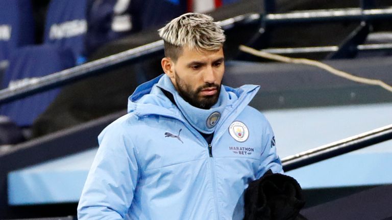 Sergio Aguero of Manchester City looks on from the stands during the Premier League match between Manchester City and West Bromwich Albion at Etihad Stadium on December 15, 2020 in Manchester, England. 