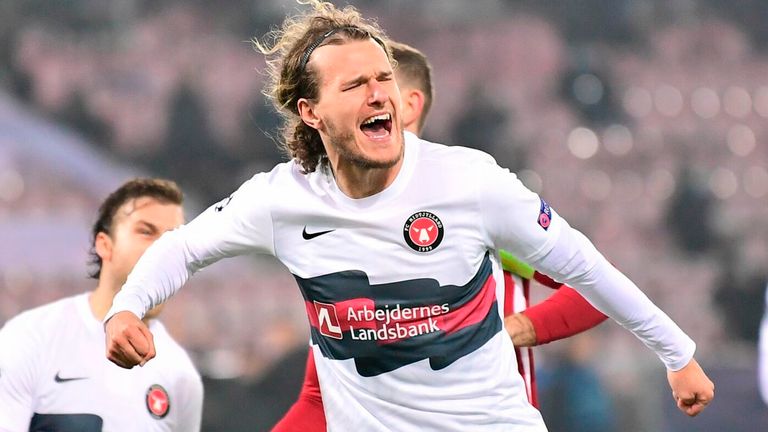 Alexander Scholz celebrates scoring a penalty for Midtjylland against Liverpool