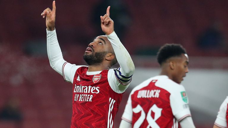 Alexandre Lacazette celebrates after equalising for Arsenal against Manchester City