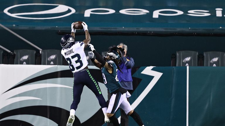 Seattle quarterback Russell Wilson provided the perfect fade ball pass to wide receiver David Moore as the Seahawks got the opening touchdown of the night against Philadelphia.