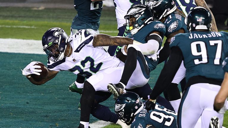 Seattle&#39;s Chris Carson refused to be stopped as the running back bulldozed over for a 16-yard touchdown against Philadelphia on Monday in the NFL.