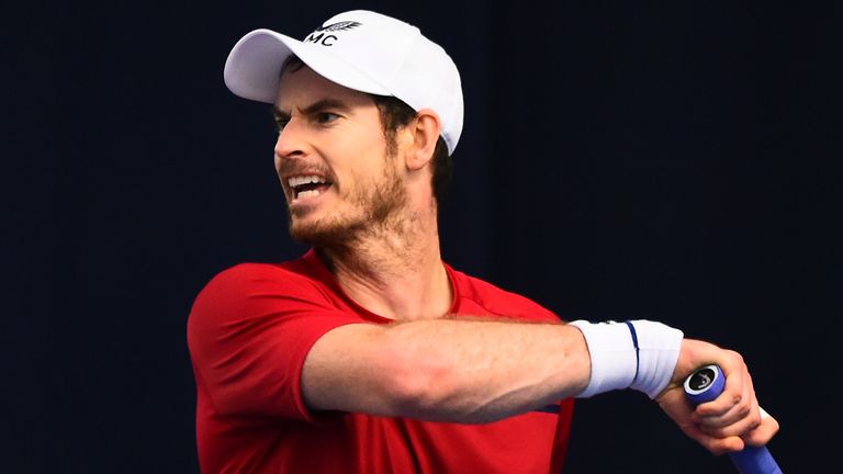 Andy Murray plays a forehand shot during their round robin match against Dan Evans during Day One of the Battle of the Brits Premier League of Tennis at the National Tennis Centre on December 20, 2020 in London, England. 