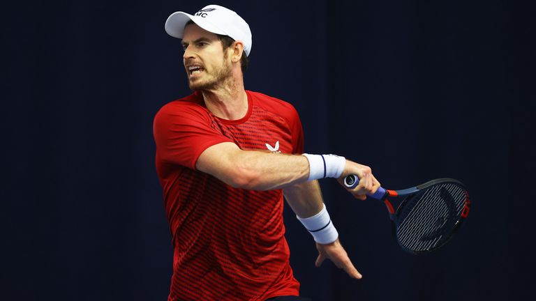 Andy Murray plays a forehand shot during their round robin match against Cameron Norrie during Day Three of the Battle of the Brits Premier League of Tennis at the National Tennis Centre on December 22, 2020 in London, England.