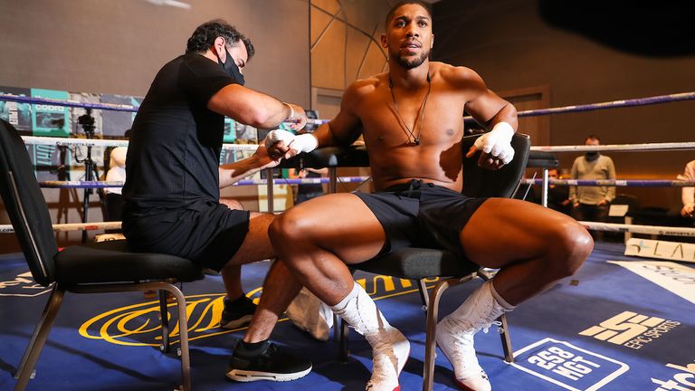 HANDOUT PICTURE COMPLIMENTS OF MATCHROOM BOXING.Anthony Joshua working out in the gym at the hotel.9 December 2020.Picture By Mark Robinson.                                     
