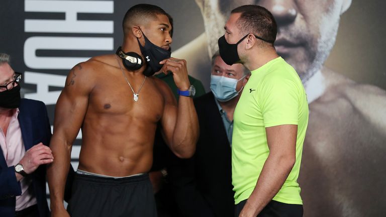 HANDOUT PICTURE COMPLIMENTS OF MATCHROOM BOXING.Anthony Joshua and Kubrat Pulev Weigh In ahead of their IBF, WBA, WBO & IBO World Heavyweight Title Fight tomorrow night..11 December 2020.Picture By Mark Robinson.