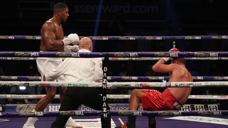 HANDOUT PICTURE COMPLIMENTS OF MATCHROOM BOXING.Anthony Joshua vs Kubrat Pulev, IBF, WBA, WBO & IBO World Title..12 December 2020.Picture By Mark Robinson.Winning knock down. 