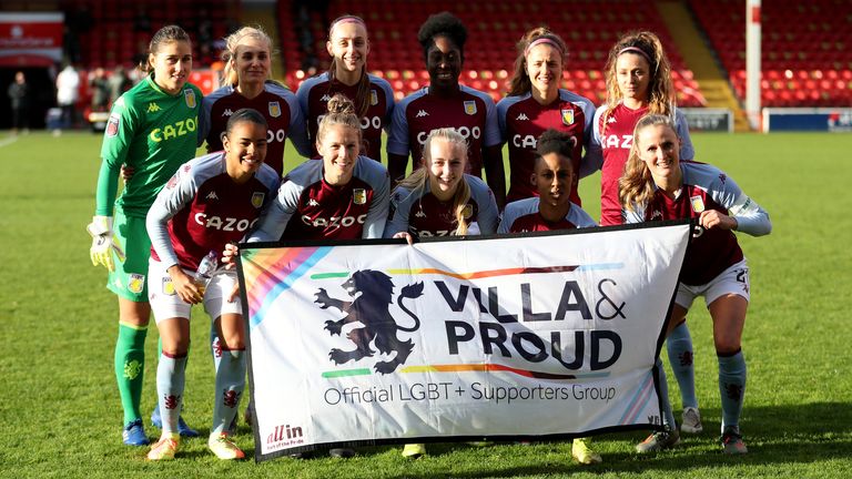 Aston Villa Women hold Villa and Proud banner ahead of Women&#39;s Super League WSL match vs Manchester United for Rainbow Laces