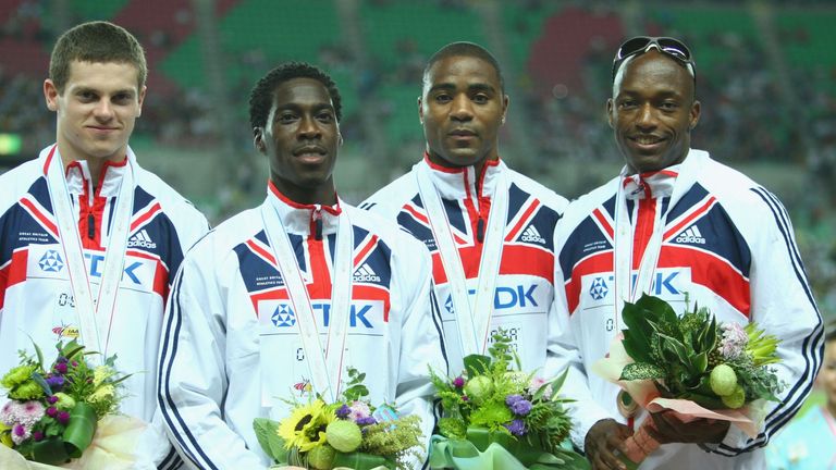 (L-R) Craig Pickering, Christian Malcolm, Mark Lewis-Francis and Marlon Devonish of Great Britain receive their bronze medals for finishing third in the Men's 4 x 100m Relay final on day nine of the 11th IAAF World Athletics Championships on September 2, 2007 at the Nagai Stadium in Osaka, Japan