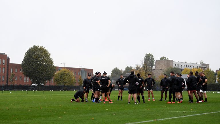 The Barbarians huddle during a Barbarians Training session at Latymer Upper School Playing Fields on October 21, 2020 in London, England. (Photo by Alex Davidson/Getty Images for Barbarians)