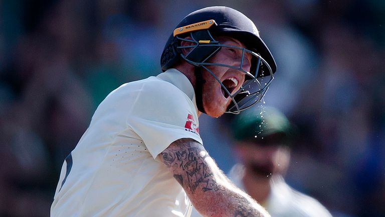 England's Ben Stokes celebrates after scoring the winning runs on the fourth day of the 3rd Ashes Test cricket match between England and Australia at Headingley cricket ground in Leeds, England, Sunday, Aug. 25, 2019. (AP Photo/Jon Super) (AP Photo/Jon Super)                         