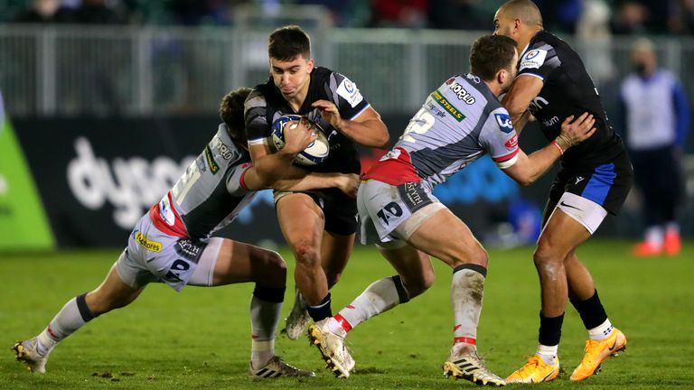 Bath's Beno Obano is tackled by Kieran Hardy 