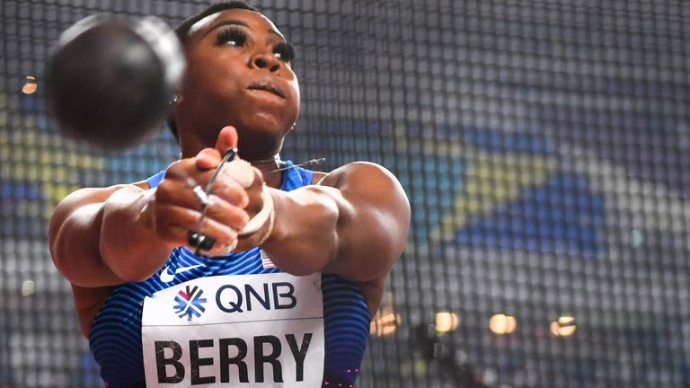 US hammer thrower Gwen Berry raised her fist on the podium at the 2019 Pan-Am Games