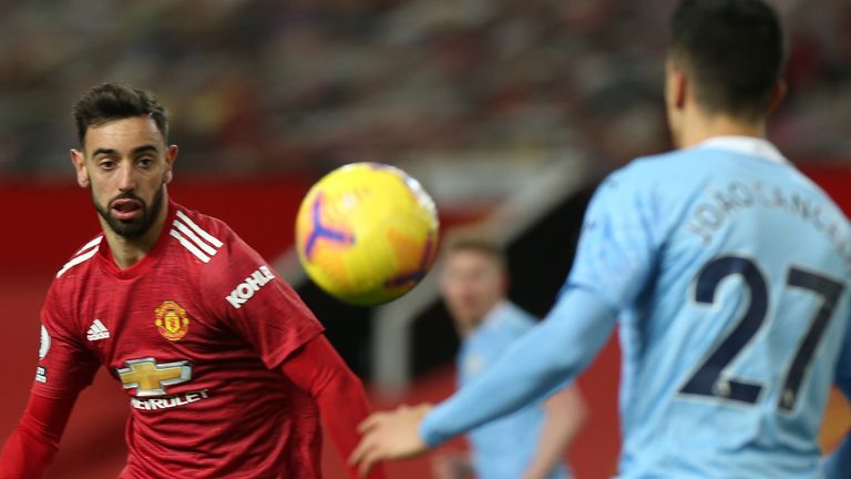 Bruno Fernandes in action during the Manchester derby