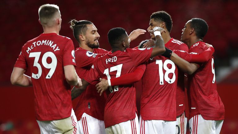 Bruno Fernandes is mobbed by team-mates after scoring Man Utd's sixth