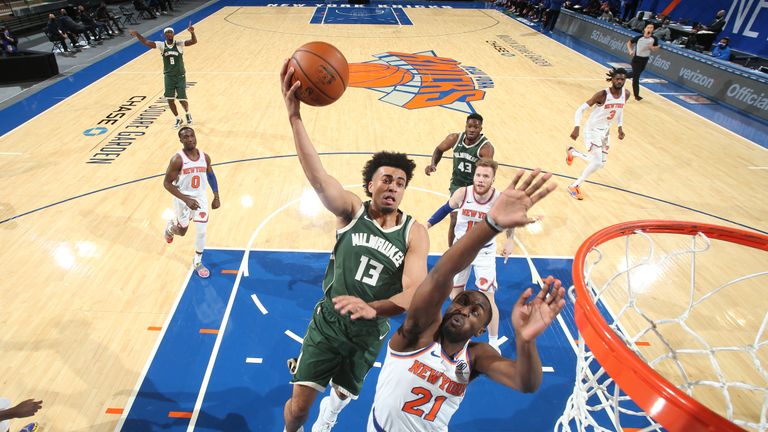 Jordan Nwora #13 of the Milwaukee Bucks shoots the ball during the game against the New York Knicks on December 27, 2020 at Madison Square Garden in New York City, New York.