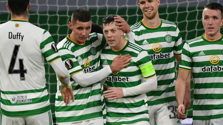 Callum McGregor celebrates his well-taken penalty to restore Celtic's lead