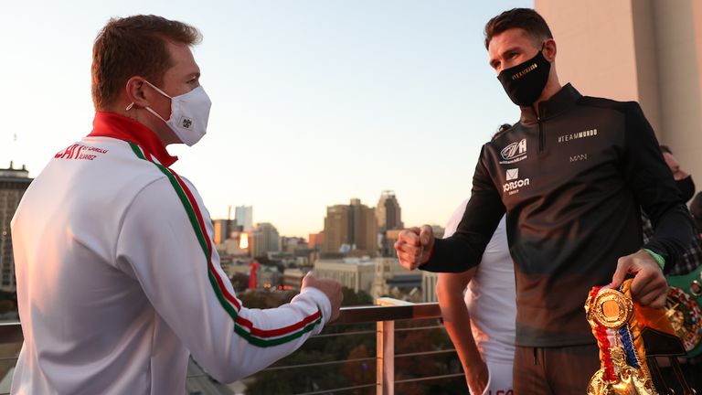 December 15, 2020; San Antonio, TX; Saul ...Canelo... Alvarez and Callum Smith pose after arriving in the fight week bubble at the Grand Hyatt San Antonio.  The two will meet at the Alamodome in San Antonio, TX on December 19, 2020.  Mandatory Credit: Ed Mulholland/matchroom.                         