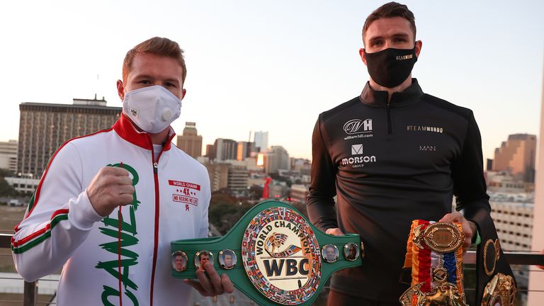 December 15, 2020; San Antonio, TX; Saul ...Canelo... Alvarez and Callum Smith pose after arriving in the fight week bubble at the Grand Hyatt San Antonio.  The two will meet at the Alamodome in San Antonio, TX on December 19, 2020.  Mandatory Credit: Ed Mulholland/matchroom.                         