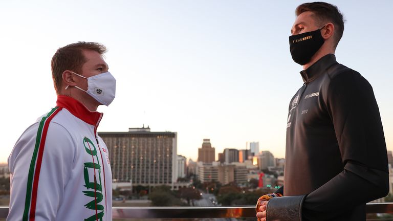 December 15, 2020; San Antonio, TX; Saul ...Canelo... Alvarez and Callum Smith pose after arriving in the fight week bubble at the Grand Hyatt San Antonio.  The two will meet at the Alamodome in San Antonio, TX on December 19, 2020.  Mandatory Credit: Ed Mulholland/matchroom.                         