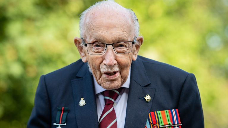 Captain Sir Tom Moore poses during a photocall to mark the launch of his memoir "Tomorrow Will Be A Good Day" at The Coach House on September 17, 2020 in Milton Keynes, England. (Photo by Samir Hussein/WireImage)