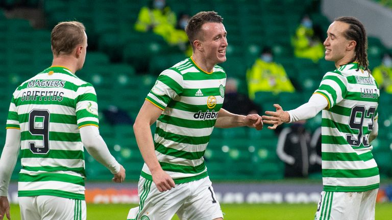 GLASGOW, SCOTLAND - DECEMBER 23: Celtic's David Turnbull (centre) celebrates making it 1-0 during a Scottish Premiership match between Celtic and Ross County at Celtic Park, on December 23, 2020, in Glasgow, Scotland. (Photo by Craig Foy / SNS Group)