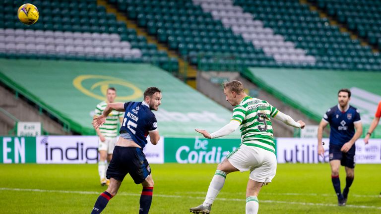 GLASGOW, SCOTLAND - DECEMBER 23: Celtic's Leigh Griffiths makes it 2-0 with a header during a Scottish Premiership match between Celtic and Ross County at Celtic Park, on December 23, 2020, in Glasgow, Scotland. (Photo by Craig Williamson / SNS Group)