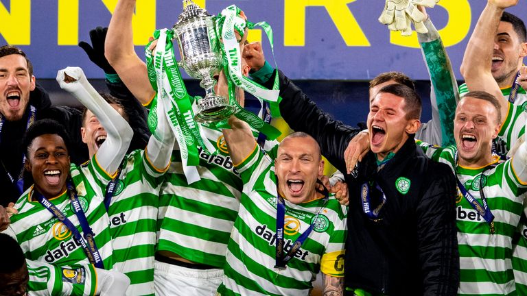 GLASGOW, SCOTLAND - DECEMBER 20: Celtic Captain Scott Brown lifts the 2019/2020 Scottish Cup during the William Hill Scottish Cup Final between Celtic and Hearts at Hampden Park, on December 20, 2020, in Glasgow, Scotland. (Photo by Craig Foy / SNS Group)