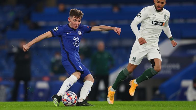 Billy Gilmour tries his luck from range on his return at Stamford Bridge